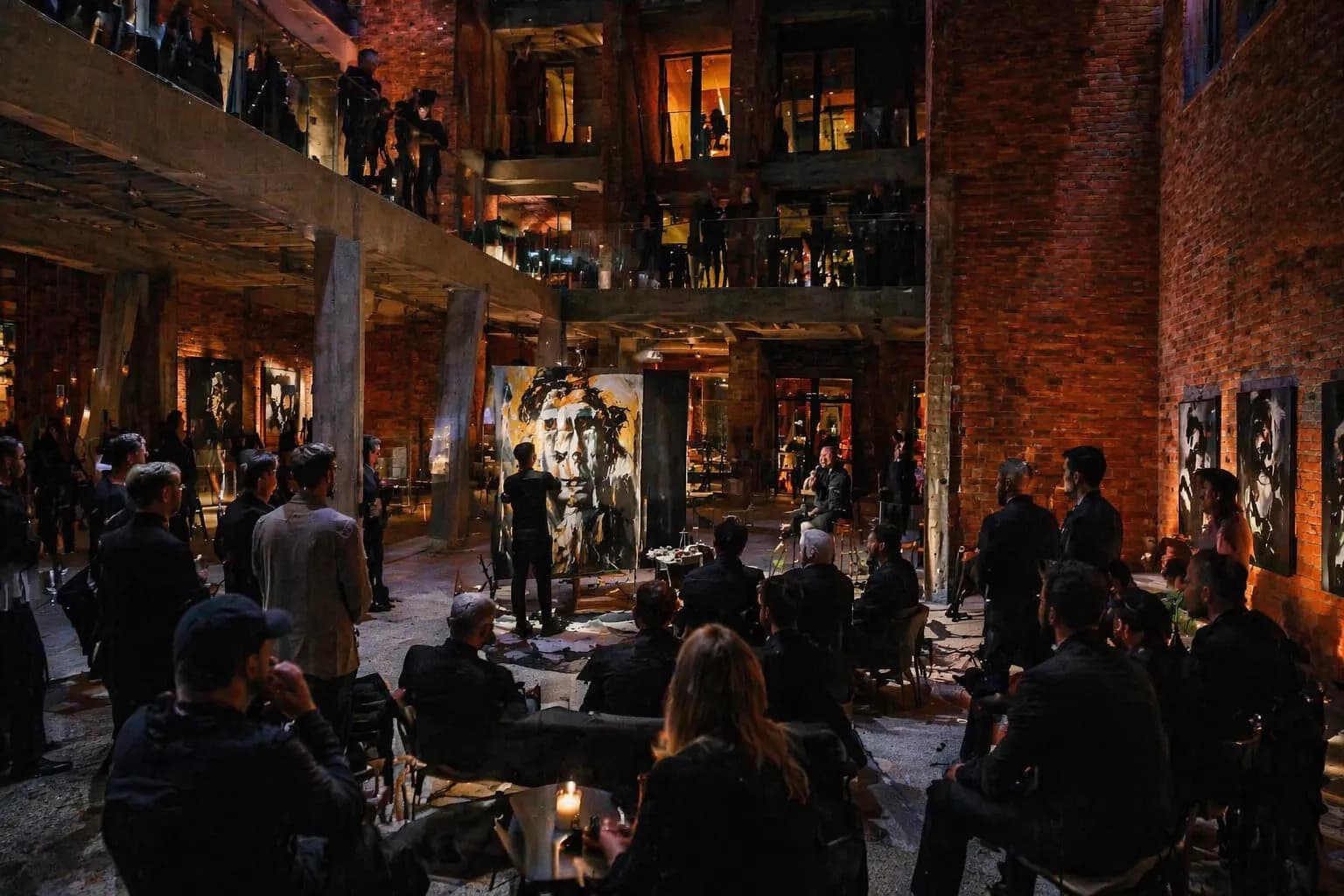 Art gallery event from above — people gathered among displayed artwork