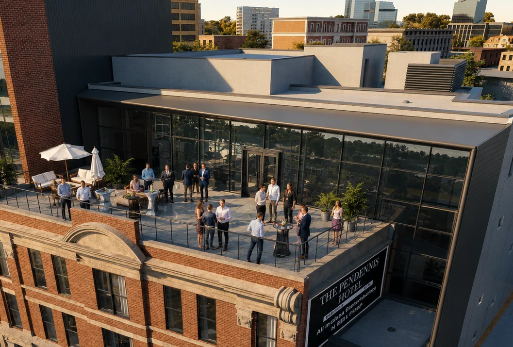 Outdoor patio at The Pendennis with guests gathered in the evening sun